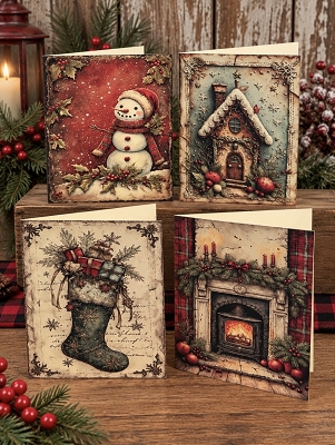 Vintage Christmas Handmade Set of 8 Cards & Envelopes Blank Inside Cream